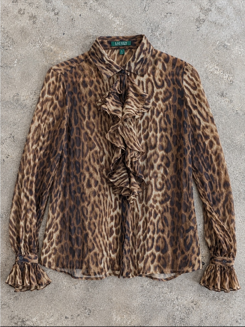 Lauren Ralph Lauren 100% Silk Sheer Ruffle Blouse Large Leopard Y2K Streetwear
